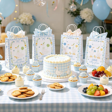Boys first birthday party scene with blue gingham goose goodie bags