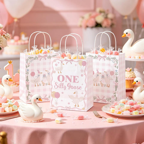 Package contents infographic showing 16 One Silly Goose pink favor bags