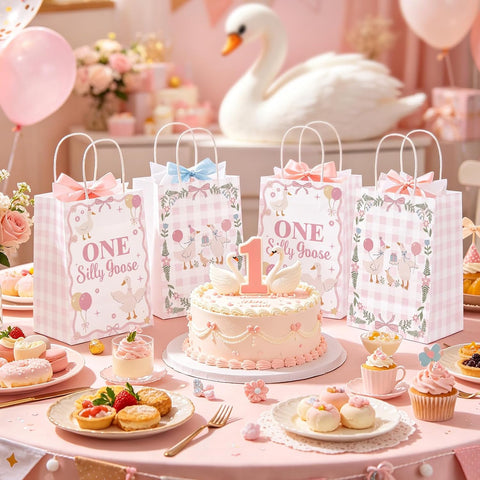 Girls 1st birthday party scene with pink goose themed goodie bags