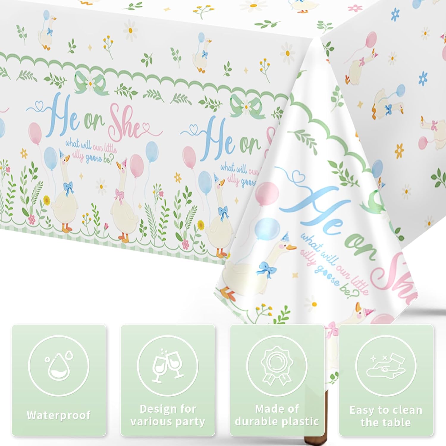 Close-up of gender reveal plastic tablecloth with goose and He or She lettering