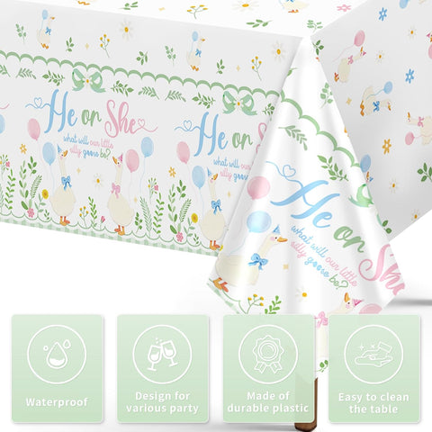 Close-up of gender reveal plastic tablecloth with goose and He or She lettering