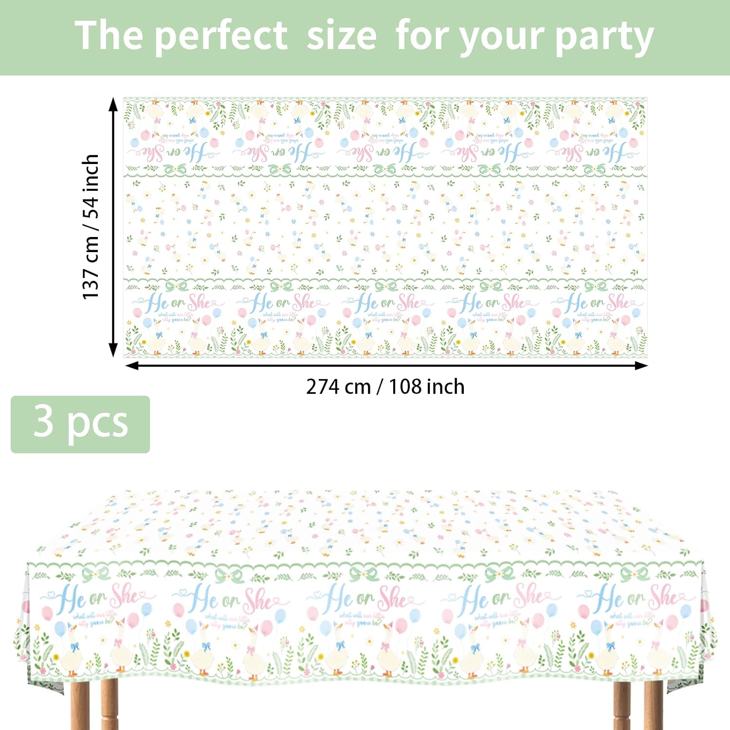 Flat lay of three silly goose gender reveal tablecloths