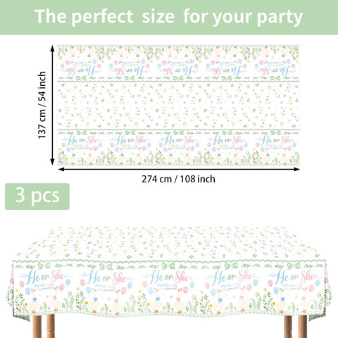 Flat lay of three silly goose gender reveal tablecloths