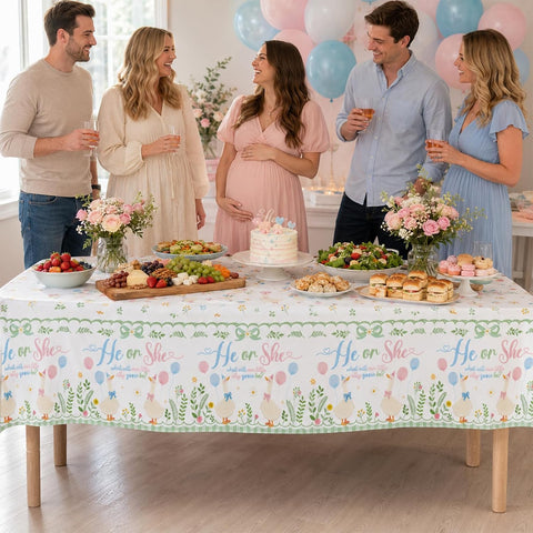 Package contents infographic showing 3 Grencian gender reveal tablecloths