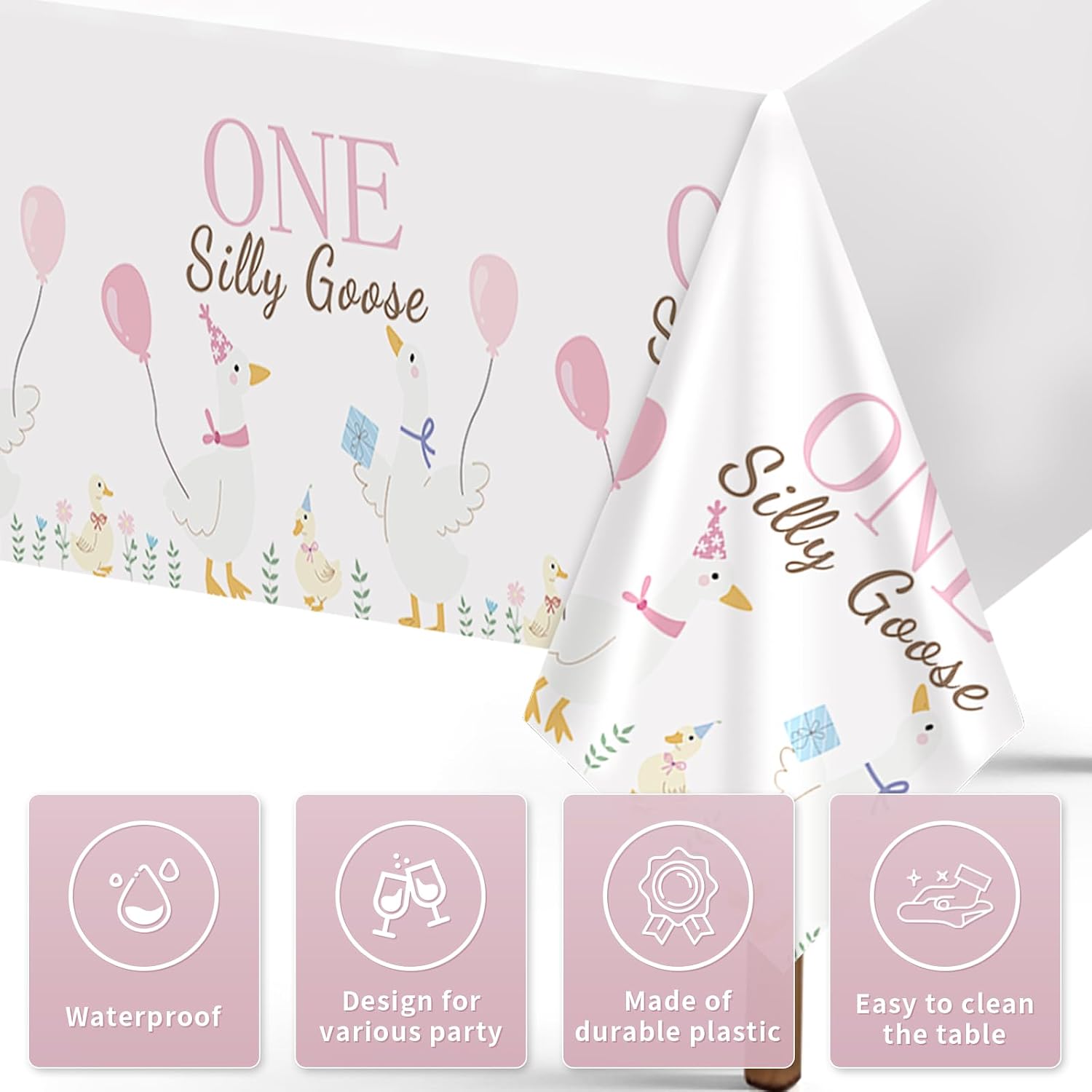 3Pcs One Silly Goose Tablecloth Pink Farm 1st - Grencian