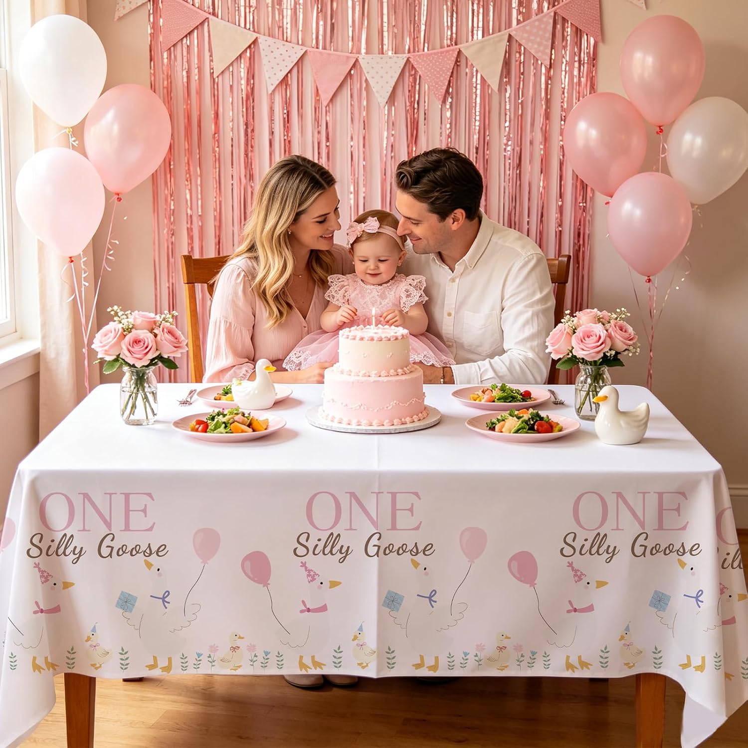 3Pcs One Silly Goose Tablecloth Pink Farm 1st - Grencian