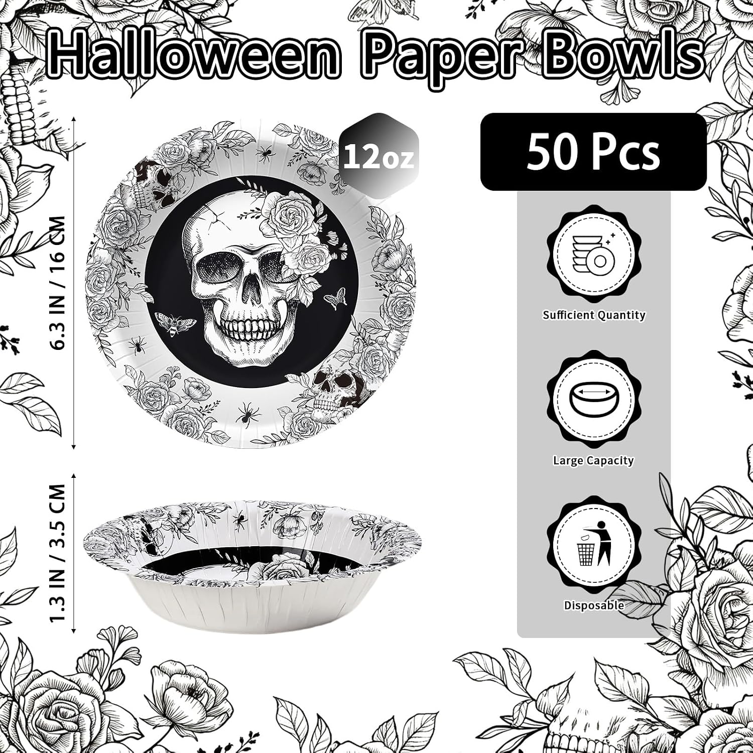 Grencian 50Pcs 12oz Halloween Gothic Skull Paper Bowls - Grencian