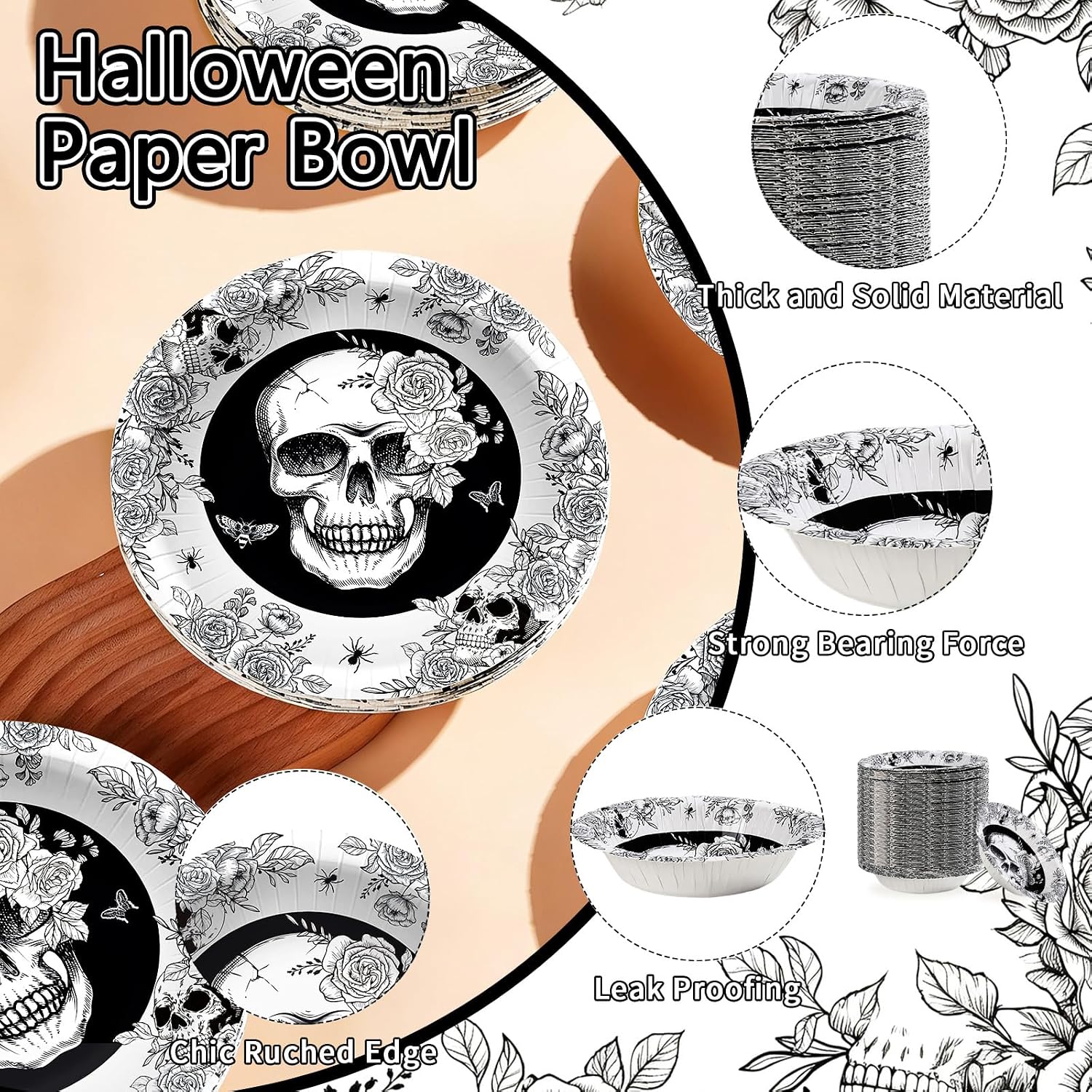 Grencian 50Pcs 12oz Halloween Gothic Skull Paper Bowls - Grencian