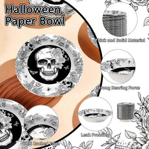 Grencian 50Pcs 12oz Halloween Gothic Skull Paper Bowls - Grencian