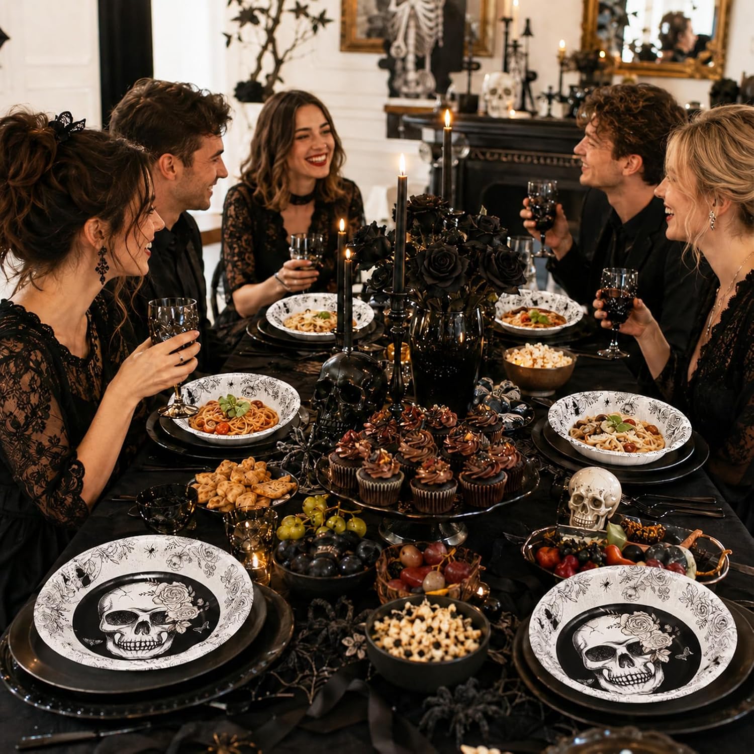 Grencian 50Pcs 12oz Halloween Gothic Skull Paper Bowls - Grencian