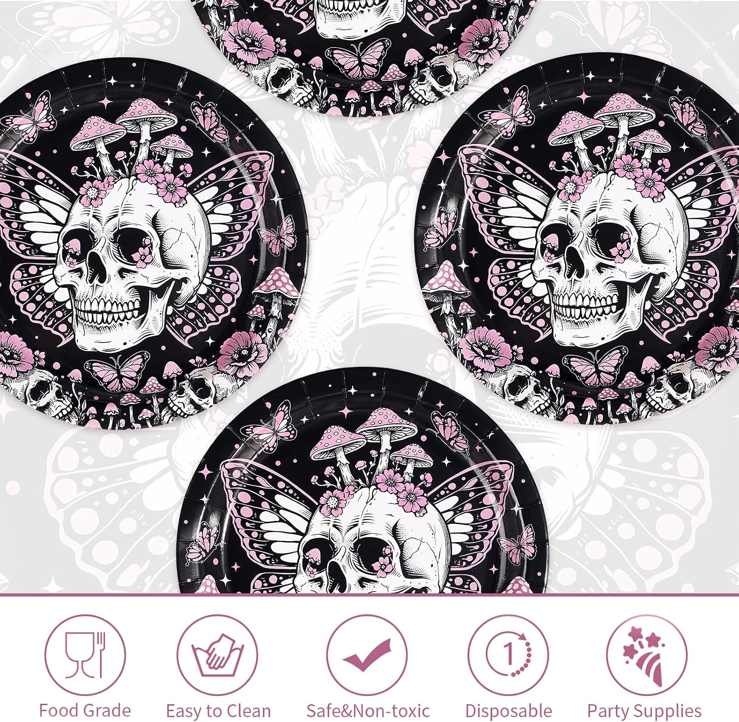 Close up of the mystical skull and floral artwork
