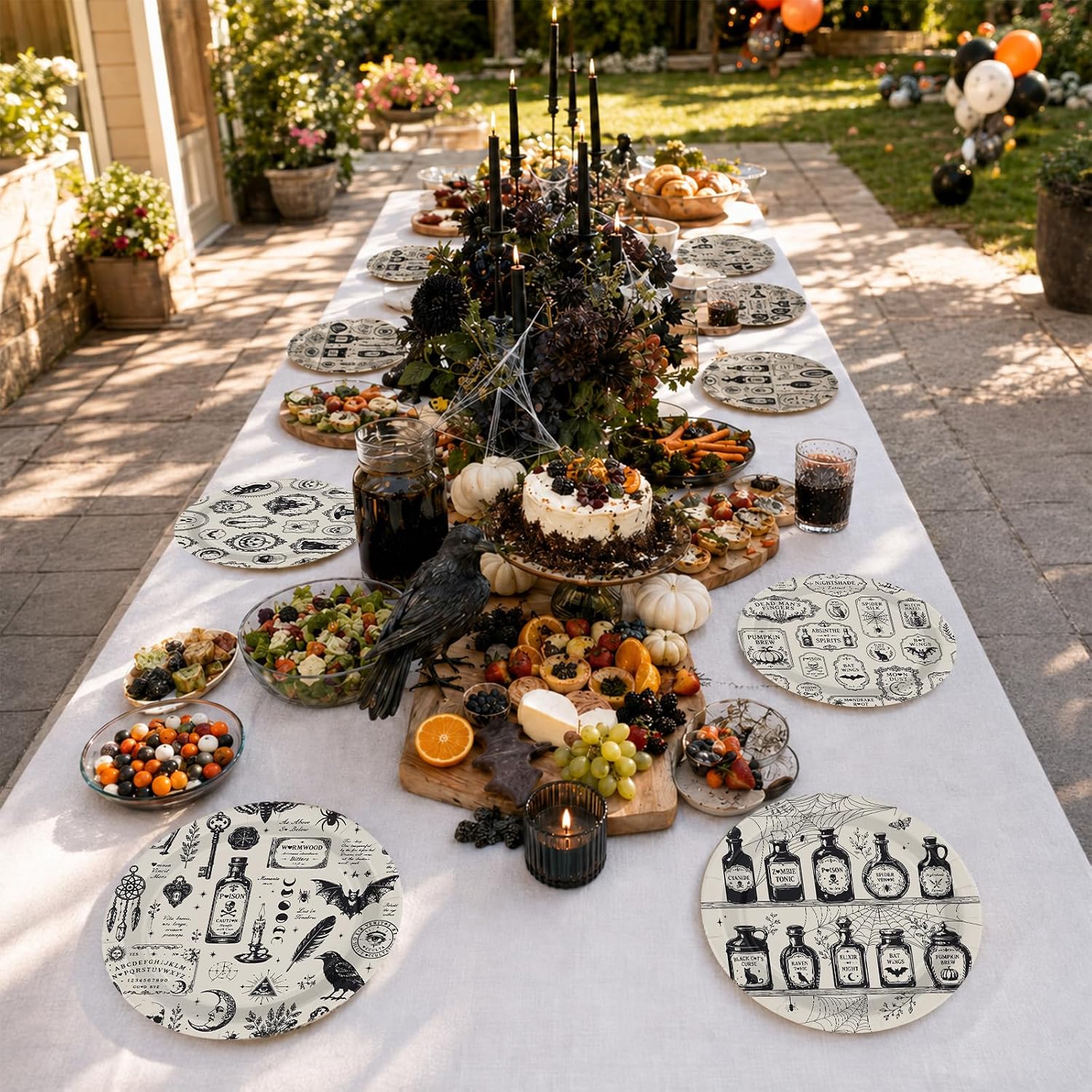 Gothic Halloween table styled with the plates