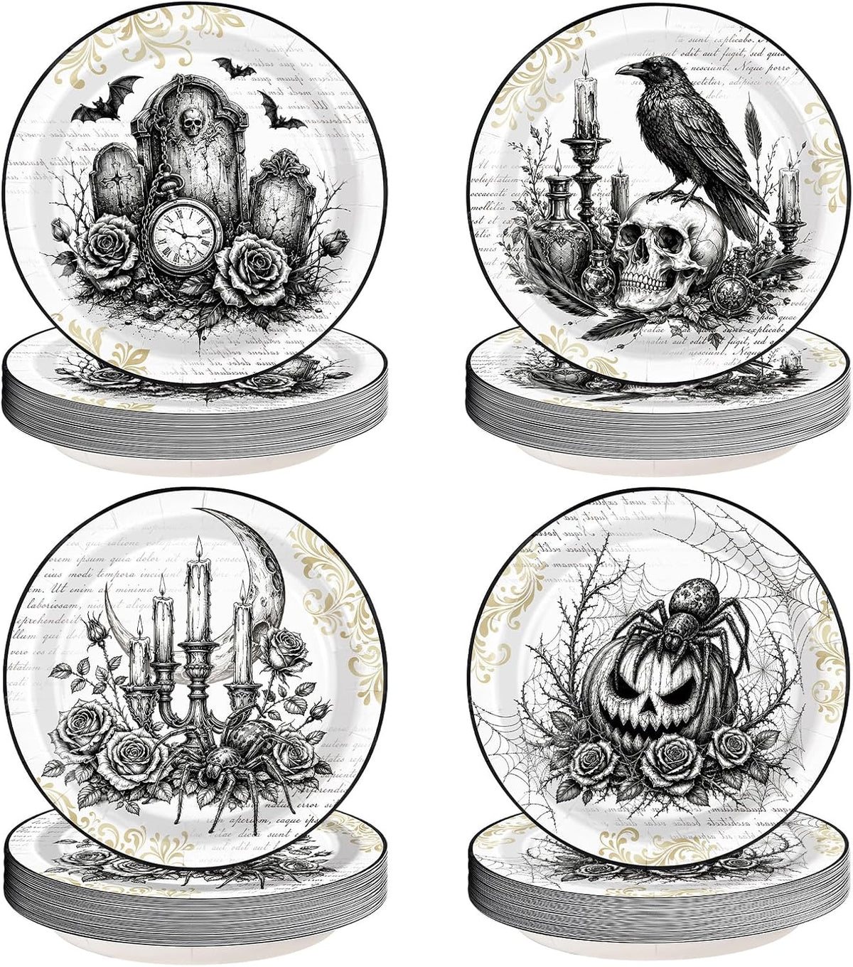 Grencian 60Pcs Halloween Gothic Vintage Paper Plates 9 Inch