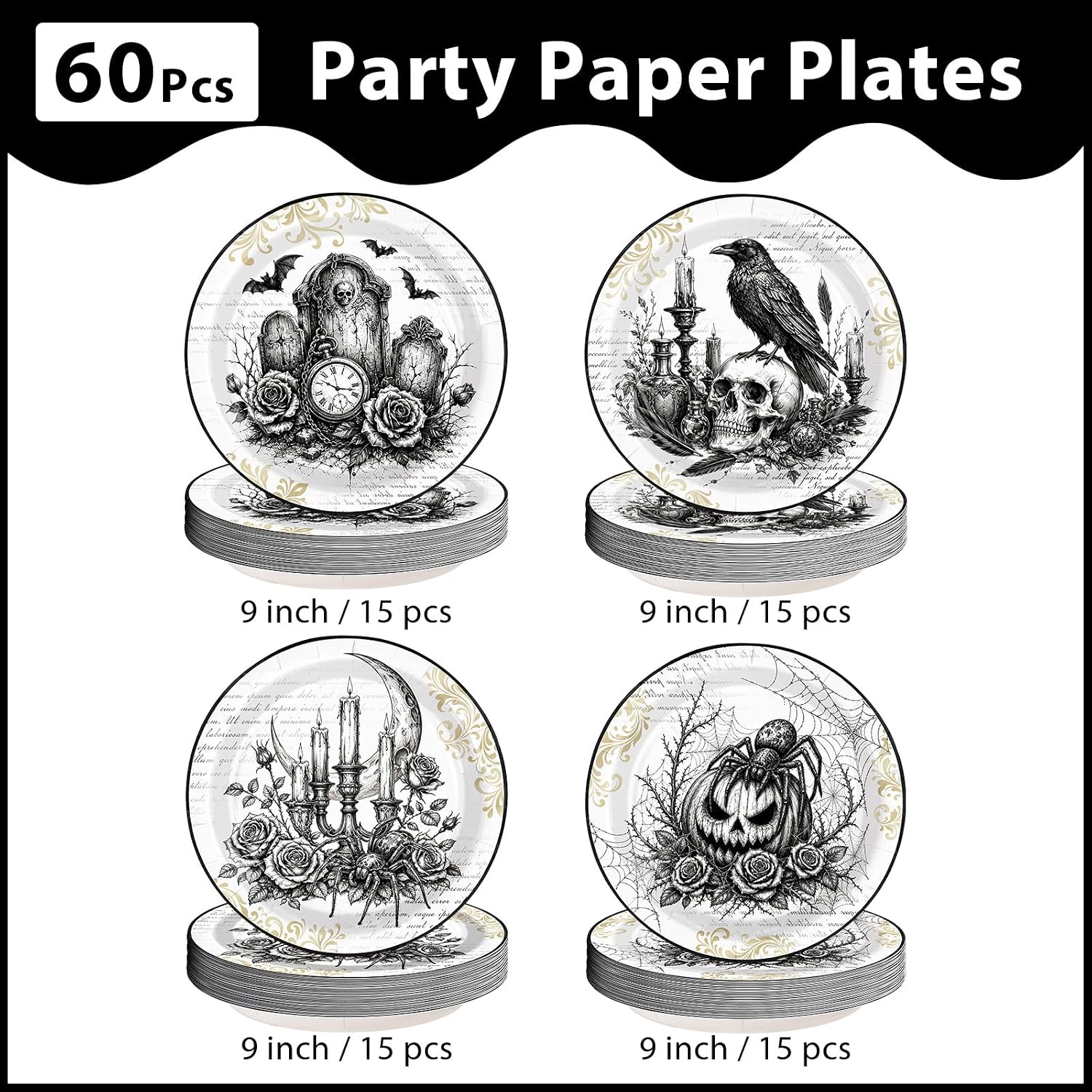 Full 60 piece vintage gothic Halloween plate set