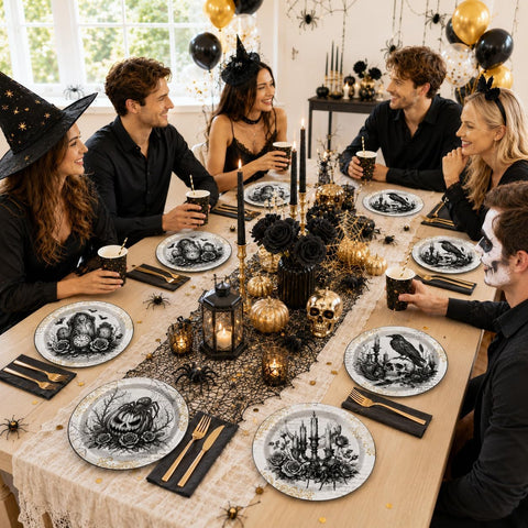 Elegant Halloween table styled with the sketch plates