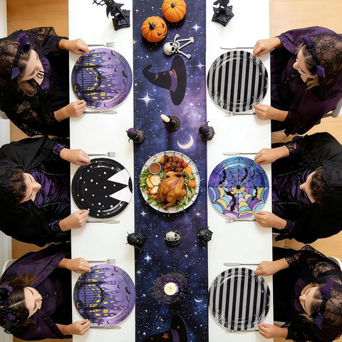 Party table set with the purple black gothic plates