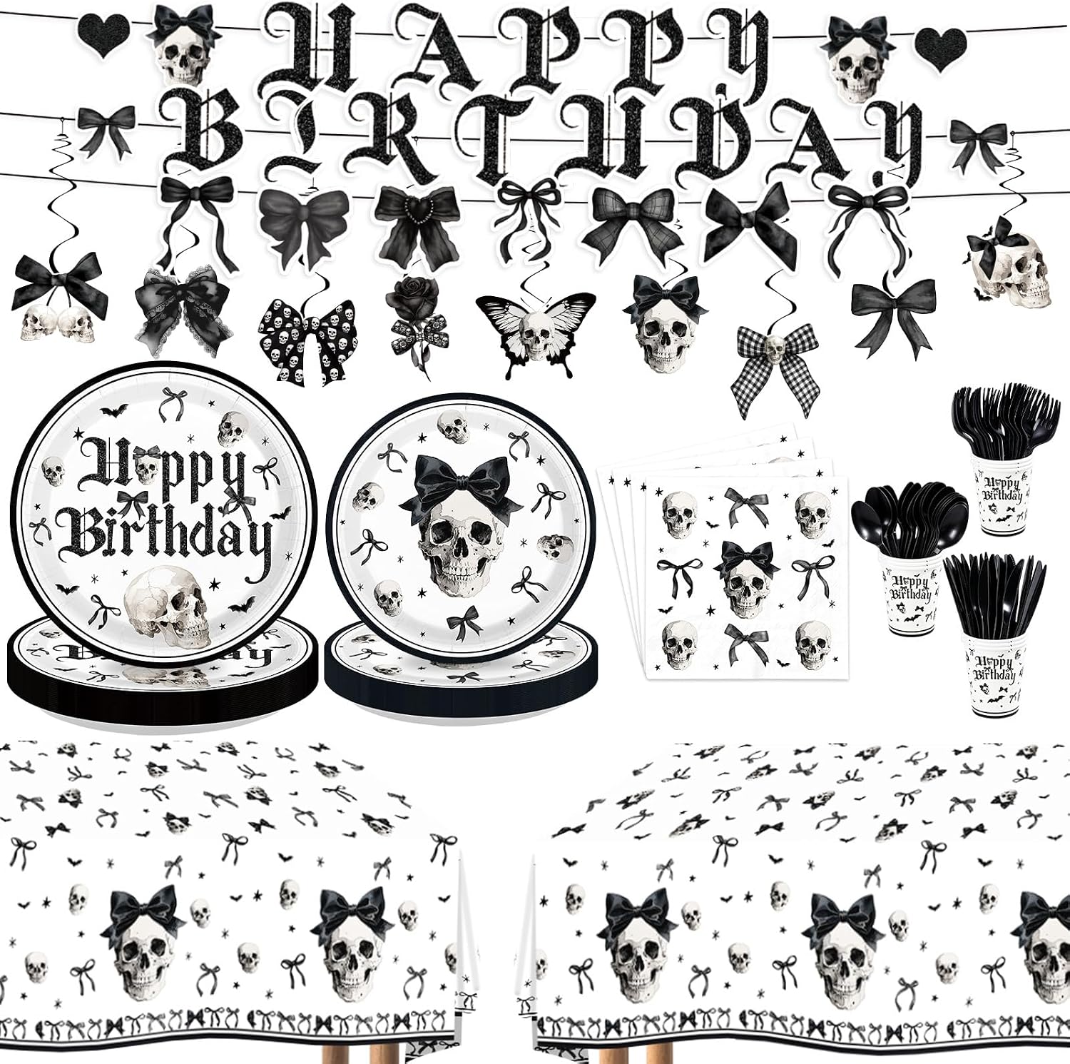 180Pcs gothic skull black bow birthday party set for 24 guests