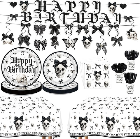 180Pcs gothic skull black bow birthday party set for 24 guests