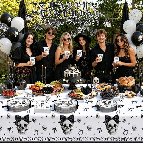 Gothic skull and bow paper cups with black cutlery