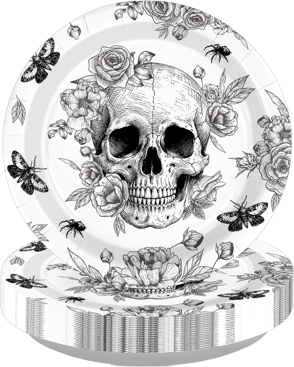 Gothic Halloween paper plate with black and white skull rose and moth line art