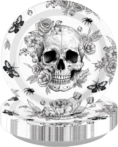 Gothic Halloween paper plate with black and white skull rose and moth line art