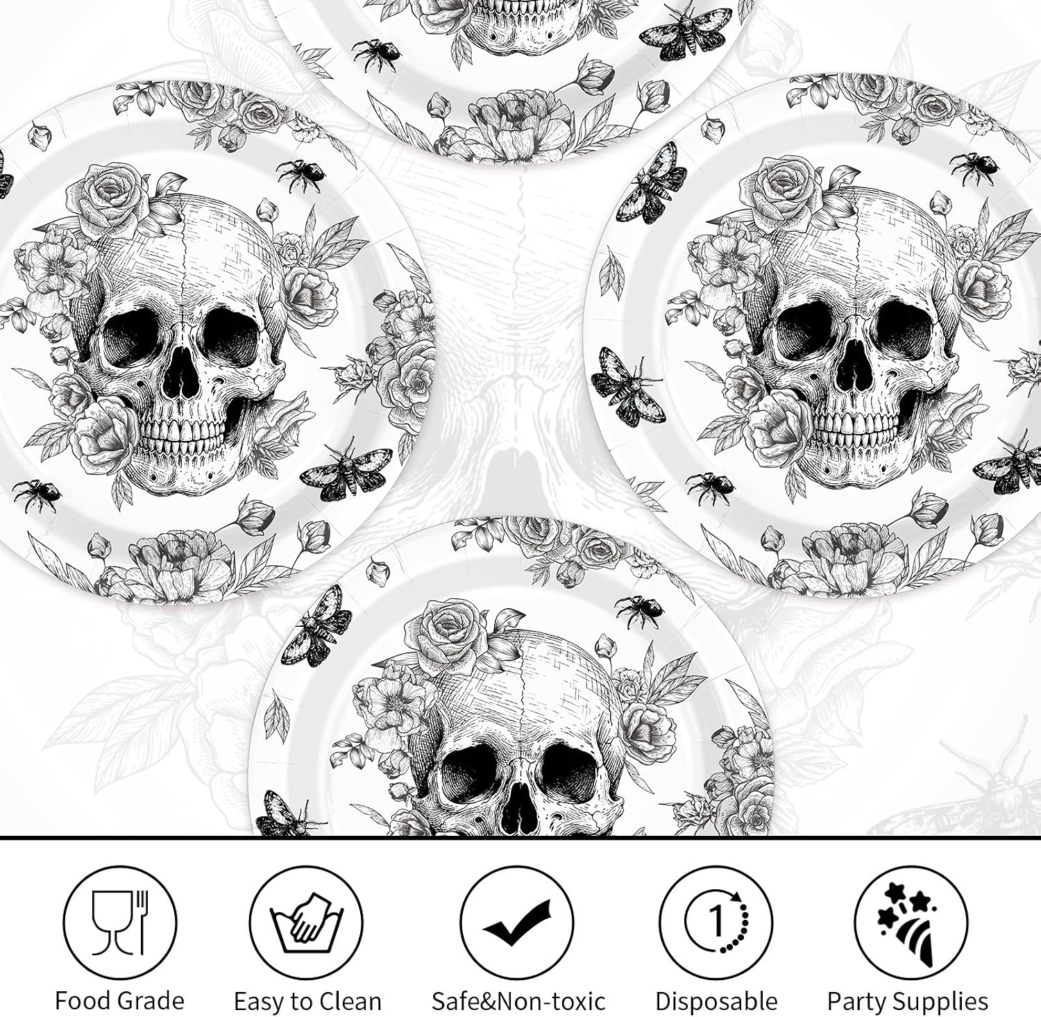 Stack of 50 nine inch gothic skull Halloween disposable plates