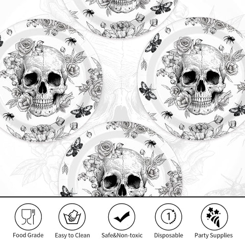 Stack of 50 nine inch gothic skull Halloween disposable plates