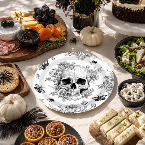 Horror birthday plate printed with moths roses and a skull
