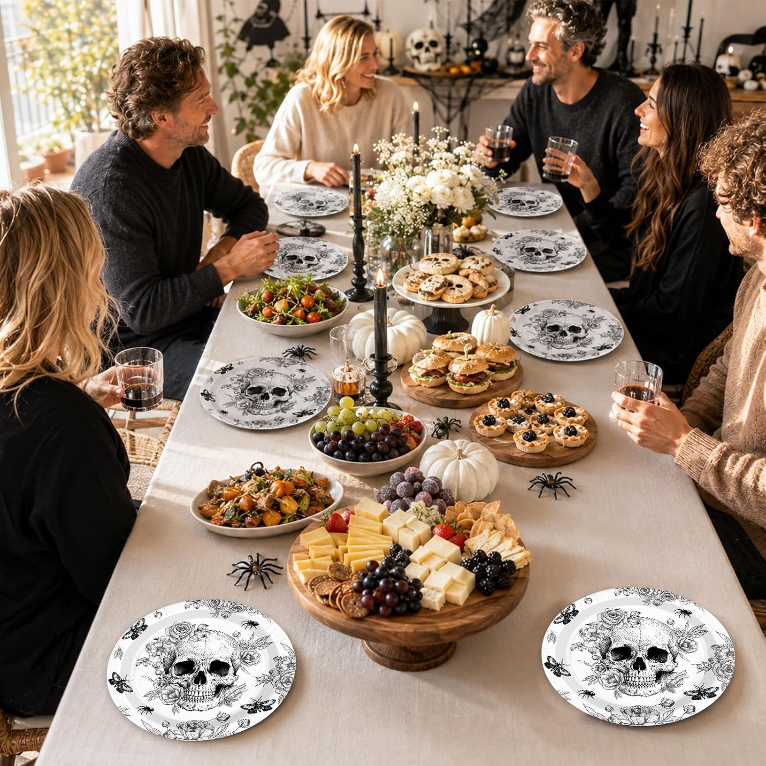 Vintage sketch style skull plates arranged for a spooky party