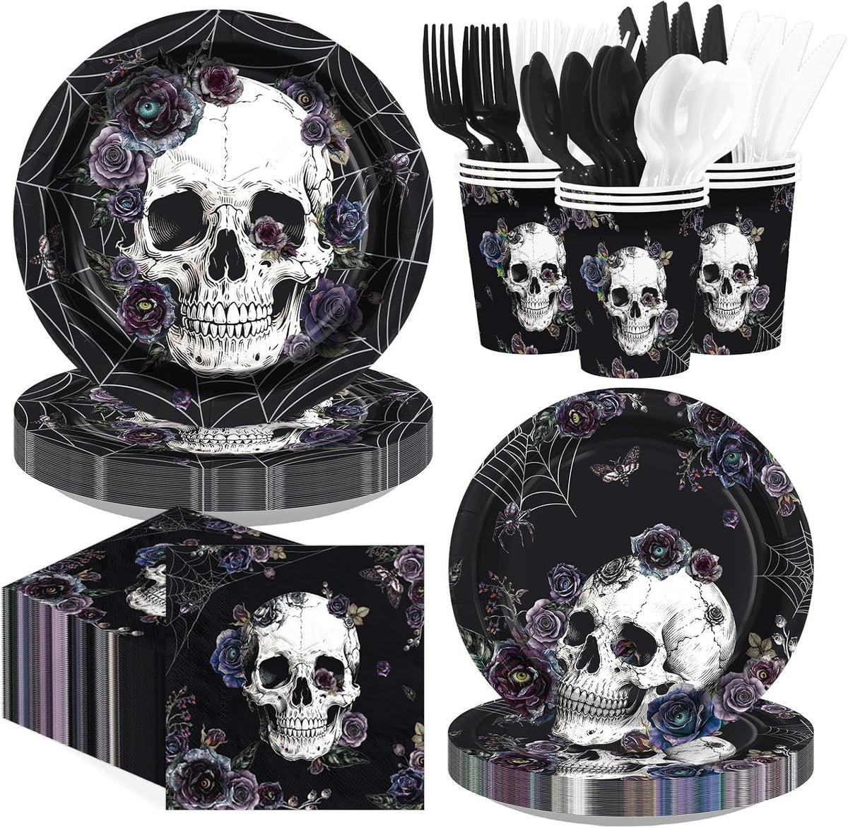 168Pcs Halloween Gothic Skulls Purple Floral Supplies - Grencian