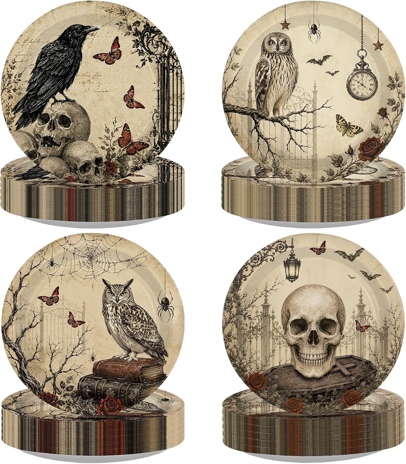 Greencian 60Pcs Halloween Vintage Gothic Paper Plates 9 Inch - Grencian