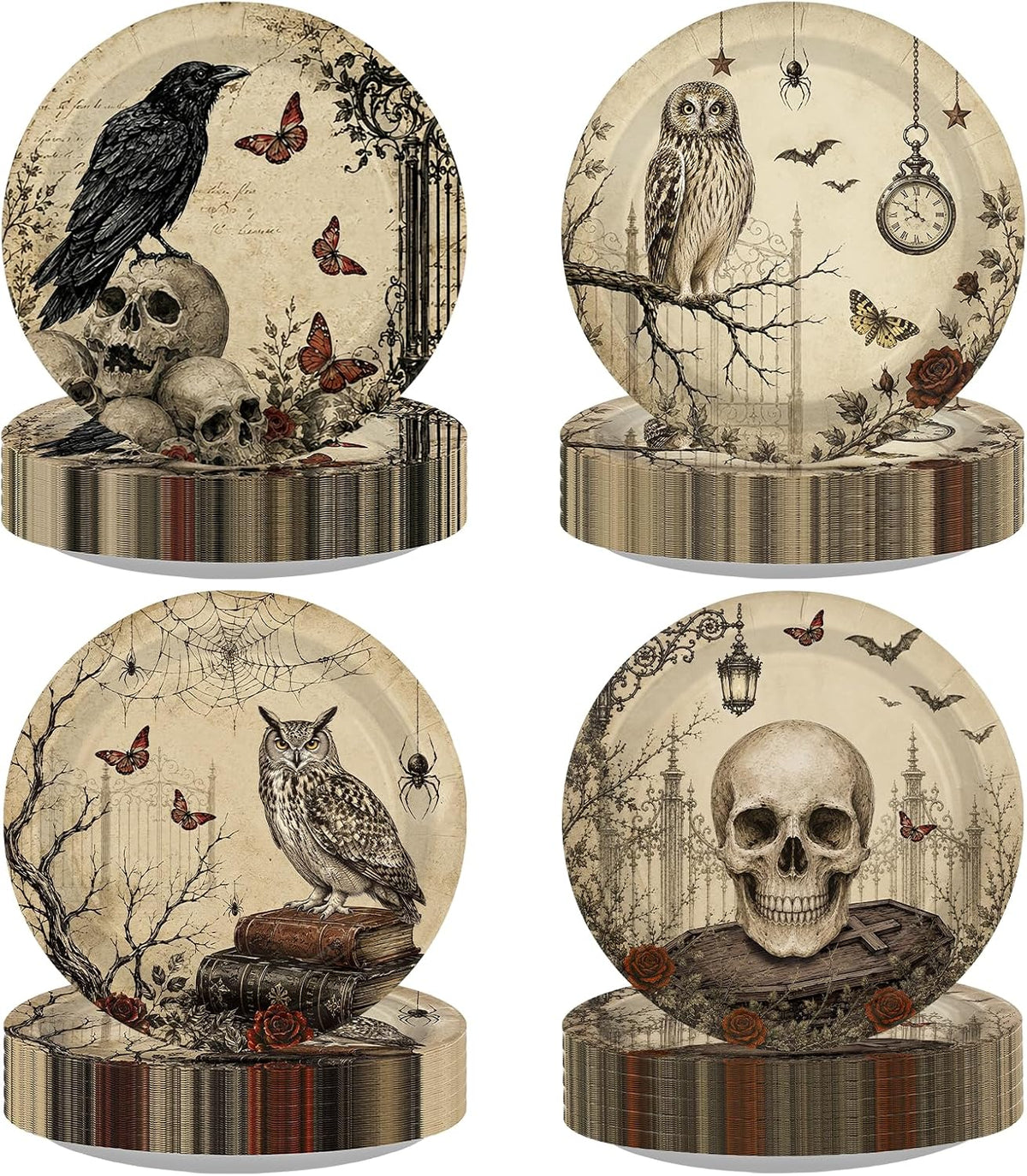 Greencian 60Pcs Halloween Vintage Gothic Paper Plates 9 Inch - Grencian