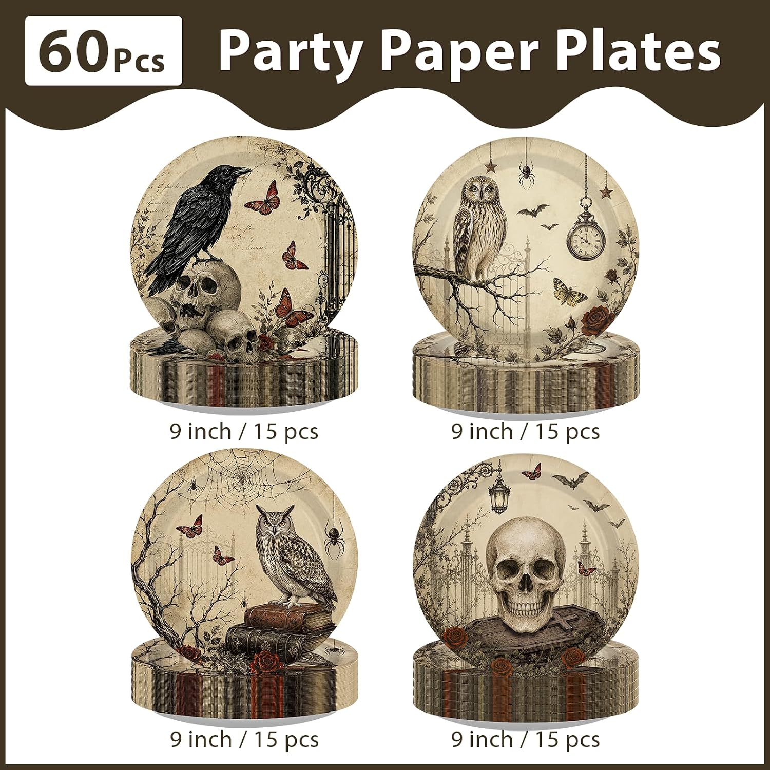 Greencian 60Pcs Halloween Vintage Gothic Paper Plates 9 Inch - Grencian