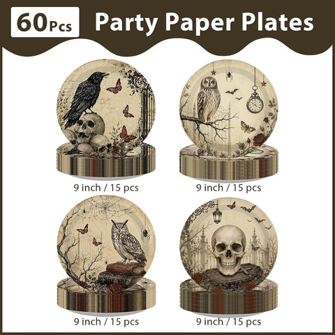 Greencian 60Pcs Halloween Vintage Gothic Paper Plates 9 Inch - Grencian