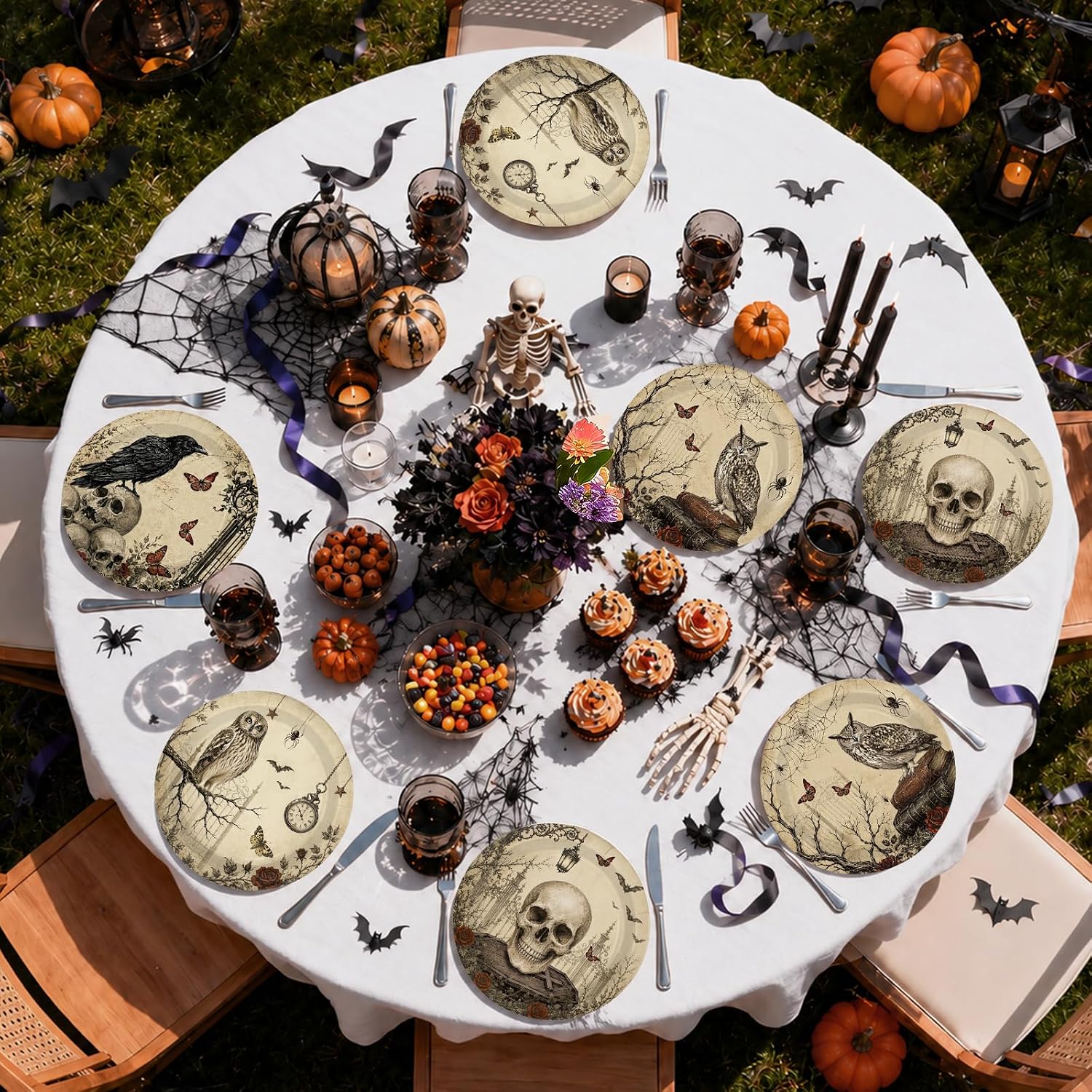 Greencian 60Pcs Halloween Vintage Gothic Paper Plates 9 Inch - Grencian