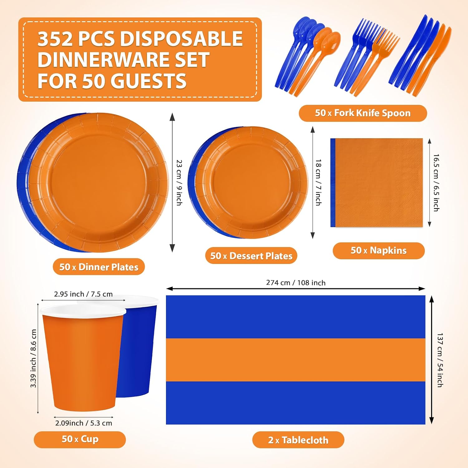 352Pcs Orange Blue Birthday Party Supplies Serves 50 - Grencian