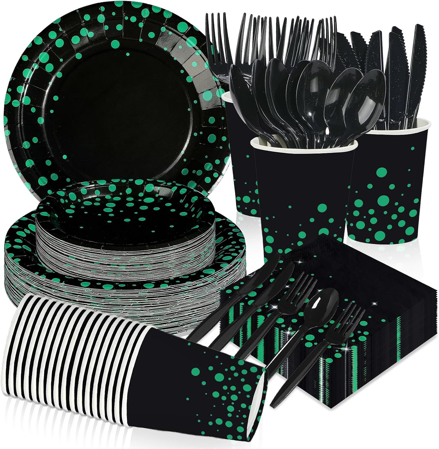 350Pcs Green Black Polka Dots Party Supplies Serves 50 - Grencian