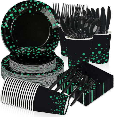 350Pcs Green Black Polka Dots Party Supplies Serves 50 - Grencian