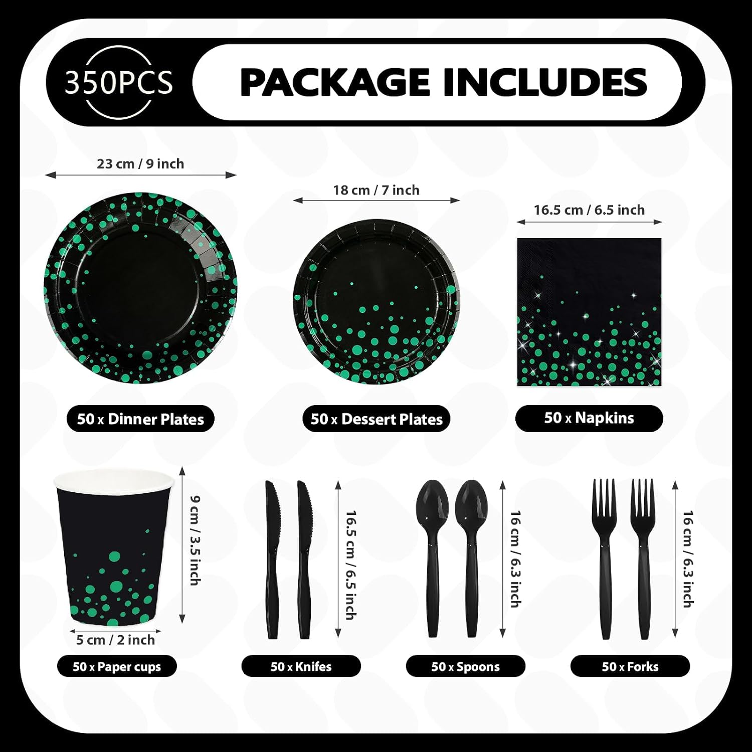 350Pcs Green Black Polka Dots Party Supplies Serves 50 - Grencian