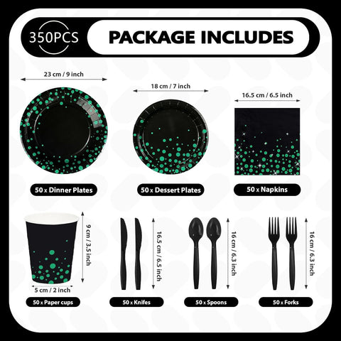 350Pcs Green Black Polka Dots Party Supplies Serves 50 - Grencian