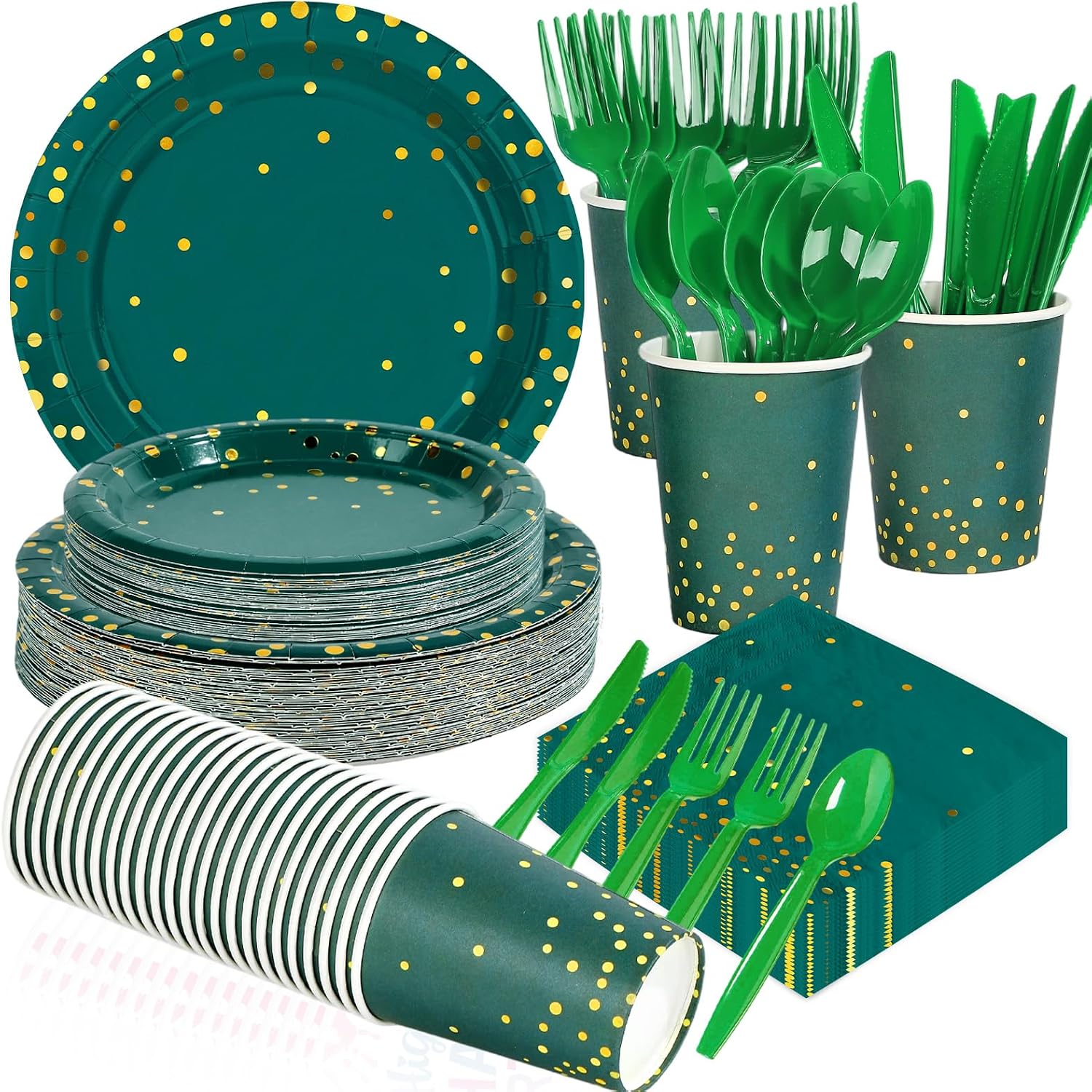 350Pcs Green Gold Polka Dots Party Supplies Serves 50 - Grencian