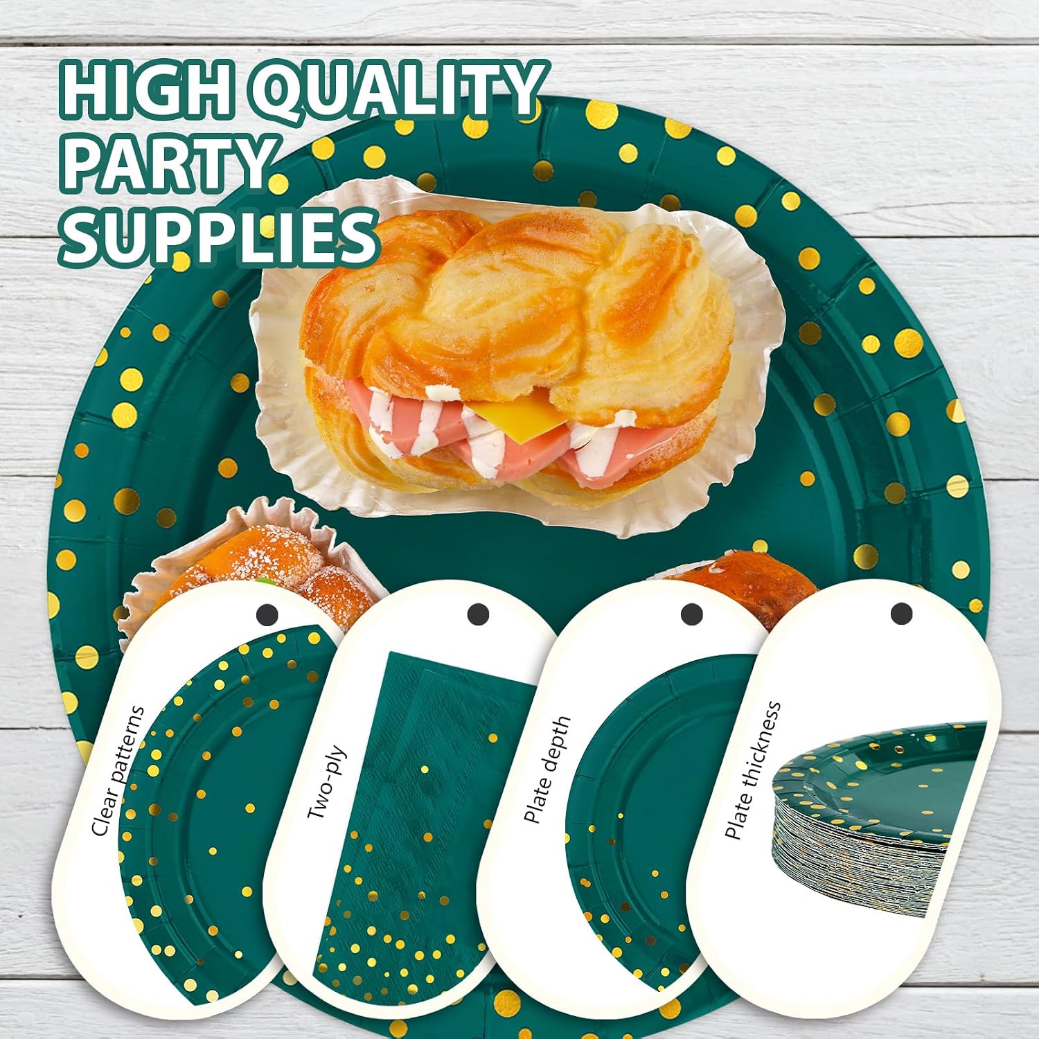 350Pcs Green Gold Polka Dots Party Supplies Serves 50 - Grencian