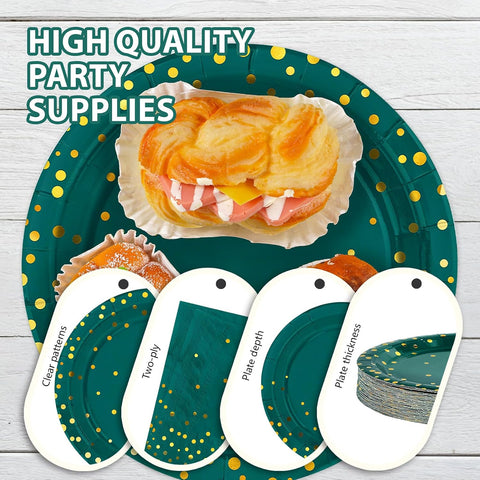 350Pcs Green Gold Polka Dots Party Supplies Serves 50 - Grencian
