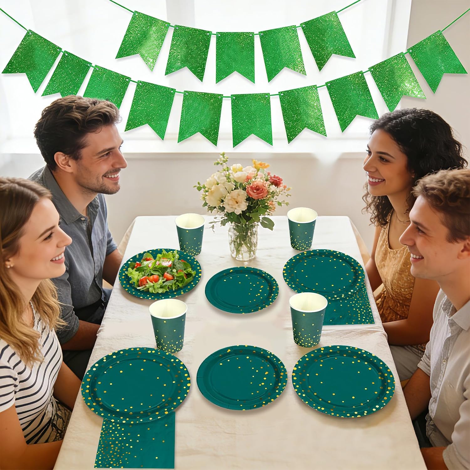 350Pcs Green Gold Polka Dots Party Supplies Serves 50 - Grencian