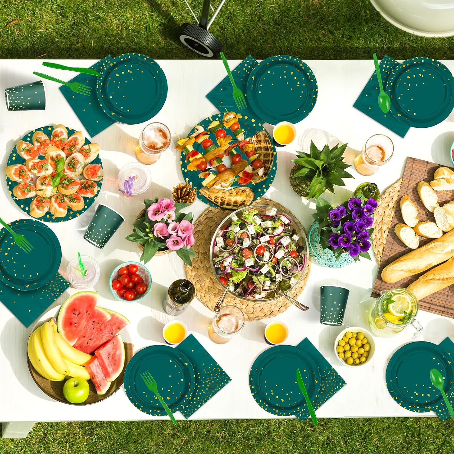350Pcs Green Gold Polka Dots Party Supplies Serves 50 - Grencian