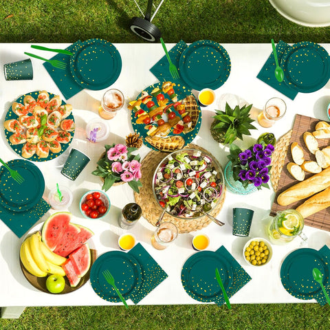 350Pcs Green Gold Polka Dots Party Supplies Serves 50 - Grencian