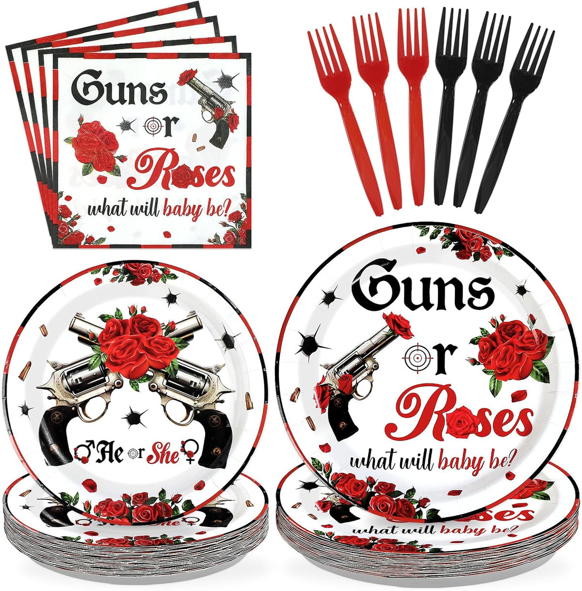 Grencian 96Pcs Guns or Roses gender reveal plates and napkins