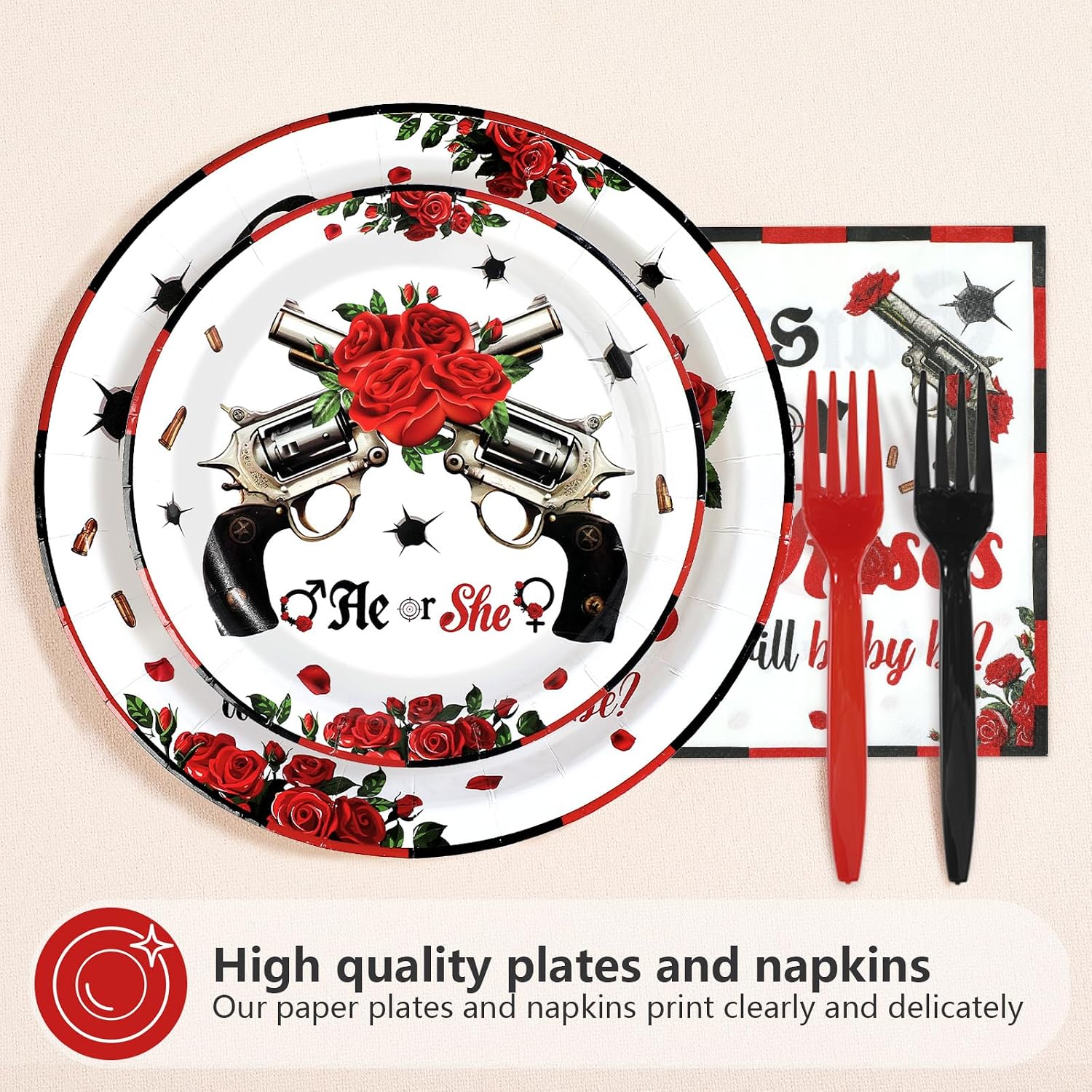 Guns or Roses dinner plate with rose and gun artwork