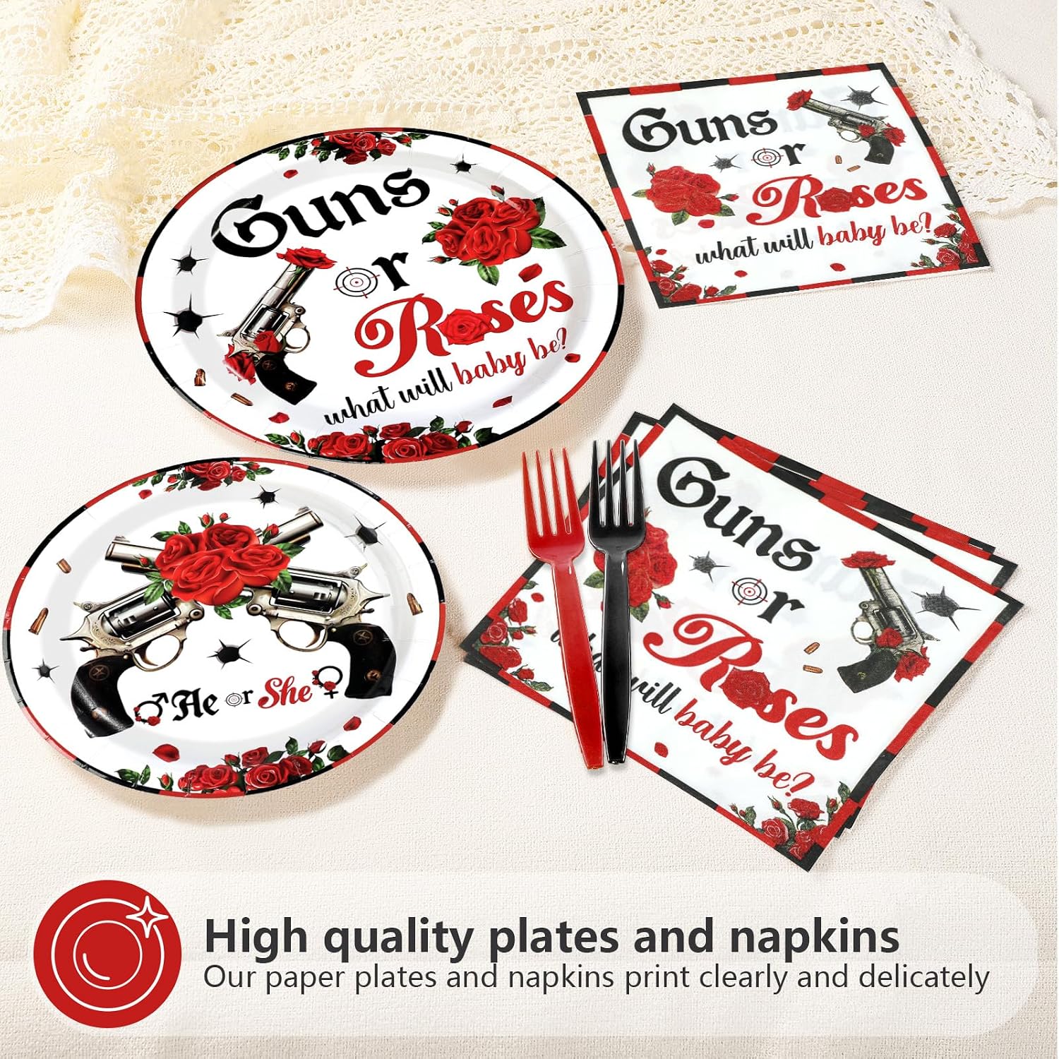 Close up of the Guns or Roses plates and napkins