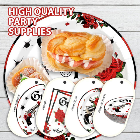 Guns or Roses plate holding party food with black forks